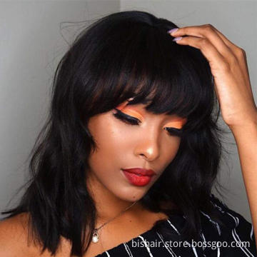 Wholesale Bob Wig With Bangs Short Natural Wavy Wig Brazilian Remy Human Hair For Women Glueless Full Machine Made Wig